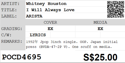 [Pre-owned] Whitney Houston - I Will Always Love You 3inch Single