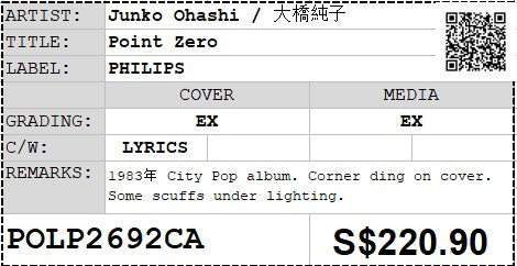 [Pre-owned] Junko Ohashi / 大橋純子 - Point Zero LP 33⅓rpm (Out Of Print)