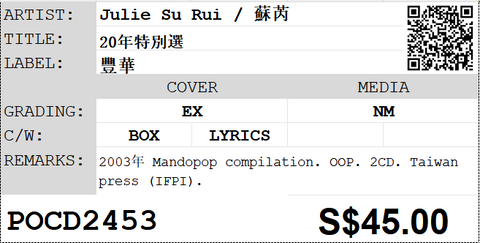[Pre-owned] Julie Su Rui / 蘇芮 - 20年特別選 2CD