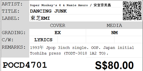 [Pre-owned] Super Monkey's 4 & Namie Amuro / 安室奈美惠 - DANCING JUNK 3inch Single