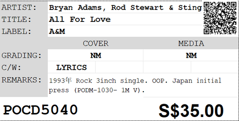 [Pre-owned] Bryan Adams, Rod Stewart & Sting - All For Love 3inch Single CD
