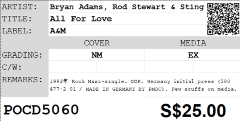 [Pre-owned] Bryan Adams, Rod Stewart & Sting - All For Love Maxi-Single CD