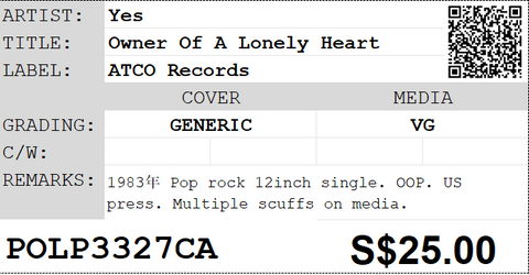 [Pre-owned] Yes - Owner Of A Lonely Heart 12inch Single 33⅓rpm