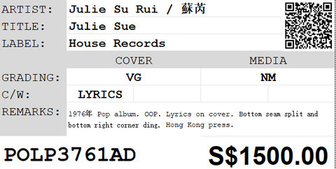 [Pre-owned] Julie Su Rui / 蘇芮 - Julie Sue LP 33⅓rpm