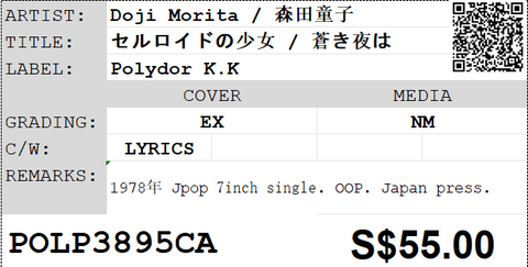 [Pre-owned] Doji Morita / 森田童子 - セルロイドの少女 / 蒼き夜は 7inch Single 45rpm (Promo Copy)