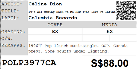 [Pre-owned] Céline Dion - It's All Coming Back To Me Now (The Love To Infinity Mixes) 12inch Maxi-Single 33⅓rpm