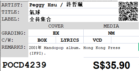 [Pre-owned] Peggy Hsu / 許哲珮 - 氣球 (Out Of Print)