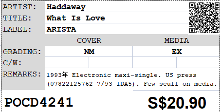 [Pre-owned] Haddaway - What Is Love Single (Out Of Print)