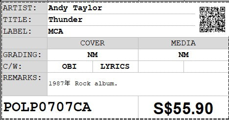[Pre-owned] Andy Taylor - Thunder LP 33⅓rrpm (Out Of Print)