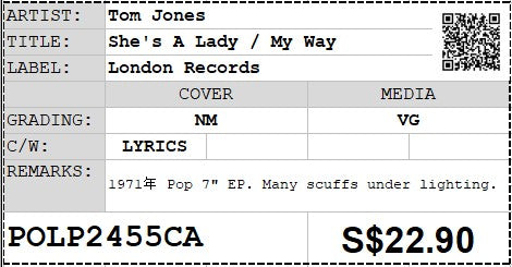 [Pre-owned] Tom Jones - She's A Lady / My Way 7" EP 45rpm (Out Of Print)